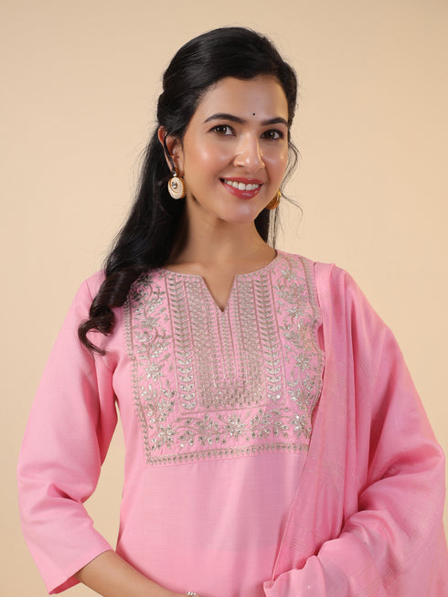 Pink Cotton Blend Yoke Embroidery Straight Kurta Set