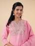 Pink Cotton Blend Yoke Embroidery Straight Kurta Set