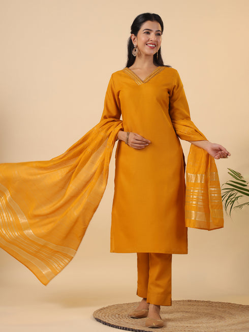 Mustard Cotton Blend Yoke Design Straight Kurta Set