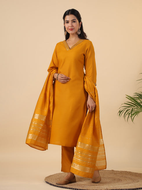 Mustard Cotton Blend Yoke Design Straight Kurta Set