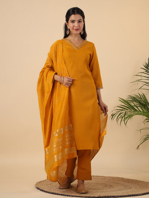 Mustard Cotton Blend Yoke Design Straight Kurta Set