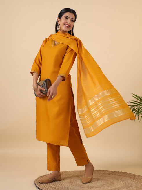 Mustard Cotton Blend Yoke Design Straight Kurta Set