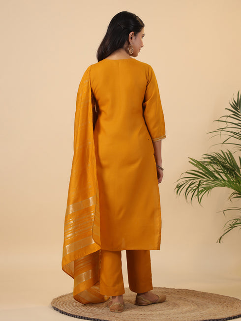 Mustard Cotton Blend Yoke Design Straight Kurta Set