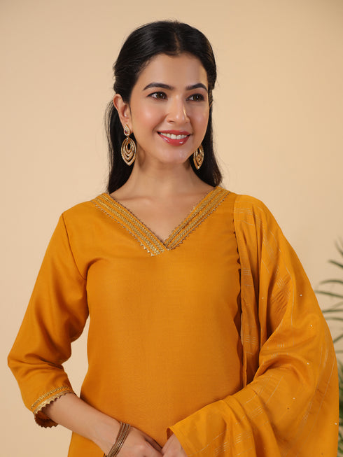 Mustard Cotton Blend Yoke Design Straight Kurta Set