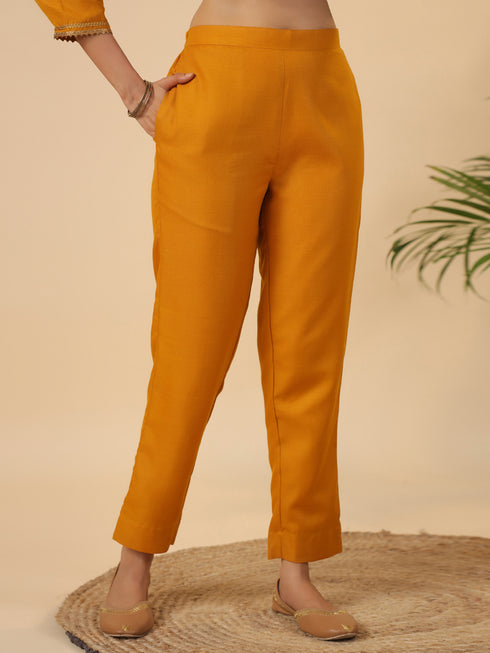 Mustard Cotton Blend Yoke Design Straight Kurta Set