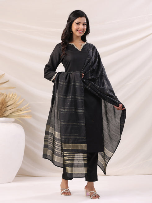 Black Cotton Blend Solid Straight Kurta Set