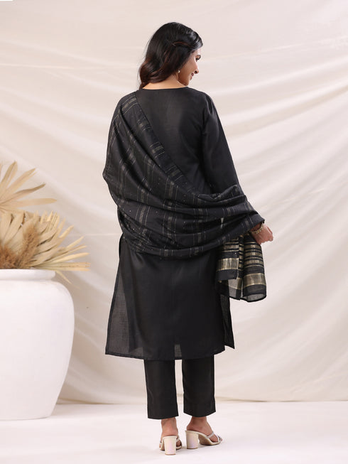 Black Cotton Blend Solid Straight Kurta Set