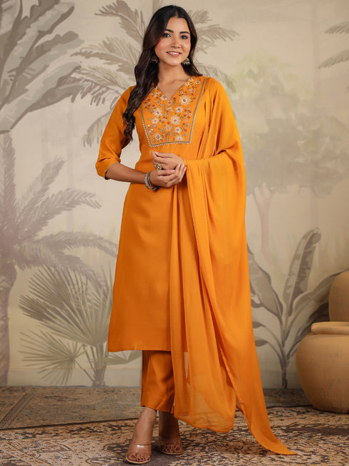Mustard Cotton Blend Yoke Embroidered Straight Kurta Set