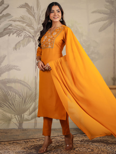 Mustard Cotton Blend Yoke Embroidered Straight Kurta Set
