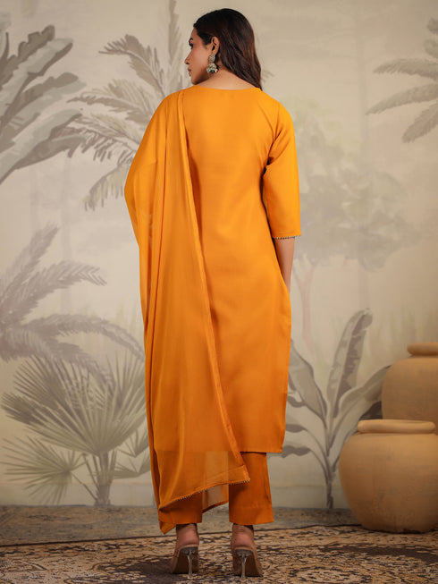 Mustard Cotton Blend Yoke Embroidered Straight Kurta Set