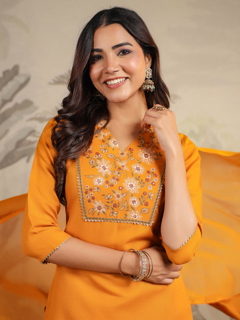 Mustard Cotton Blend Yoke Embroidered Straight Kurta Set