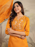 Mustard Cotton Blend Yoke Embroidered Straight Kurta Set