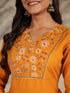Mustard Cotton Blend Yoke Embroidered Straight Kurta Set