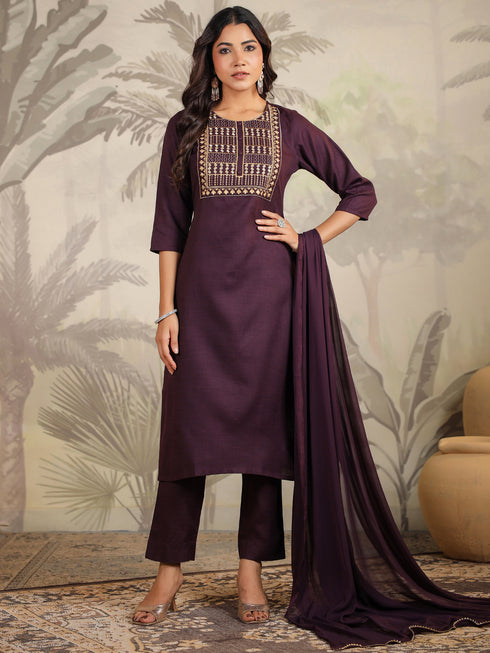 Wine Cotton Blend Yoke Embroidery Straight Kurta Set