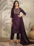 Wine Cotton Blend Yoke Embroidery Straight Kurta Set