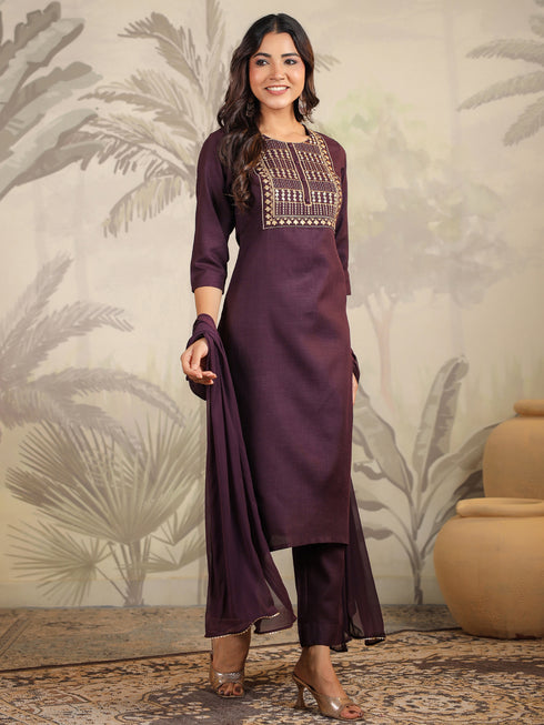 Wine Cotton Blend Yoke Embroidery Straight Kurta Set