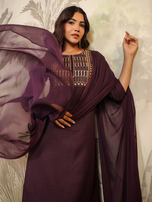 Wine Cotton Blend Yoke Embroidery Straight Kurta Set