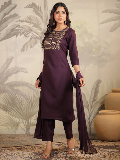 Wine Cotton Blend Yoke Embroidery Straight Kurta Set