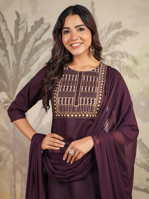 Wine Cotton Blend Yoke Embroidery Straight Kurta Set
