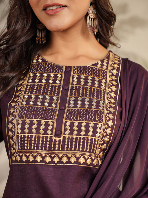 Wine Cotton Blend Yoke Embroidery Straight Kurta Set