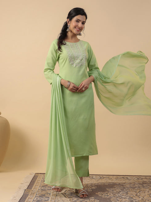 Light Green Cotton Blend Yoke Embroidered Straight Kurta Set