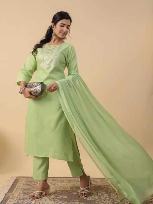 Light Green Cotton Blend Yoke Embroidered Straight Kurta Set