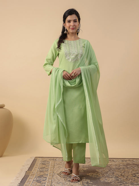 Light Green Cotton Blend Yoke Embroidered Straight Kurta Set