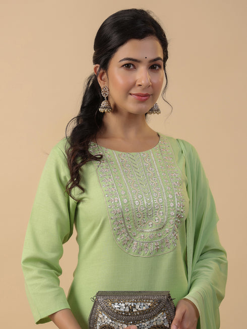 Light Green Cotton Blend Yoke Embroidered Straight Kurta Set