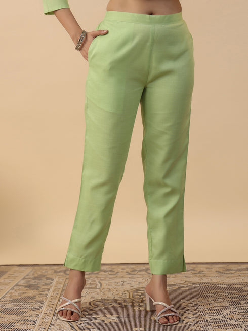 Light Green Cotton Blend Yoke Embroidered Straight Kurta Set