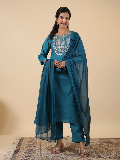Teal Blue Cotton Blend Yoke Embroidery Straight Kurta Set