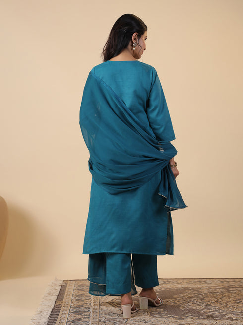 Teal Blue Cotton Blend Yoke Embroidery Straight Kurta Set