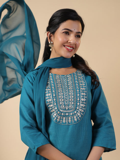Teal Blue Cotton Blend Yoke Embroidery Straight Kurta Set