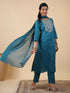 Teal Blue Cotton Blend Yoke Embroidery Straight Kurta Set