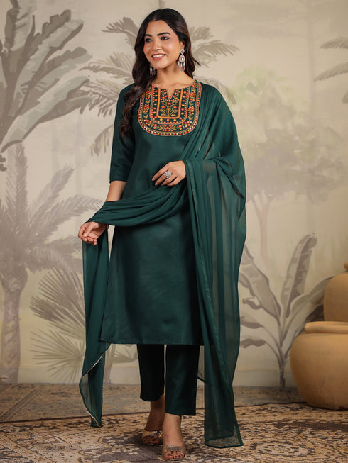 Dark Green Cotton Blend Yoke Embroidered Straight Kurta Set