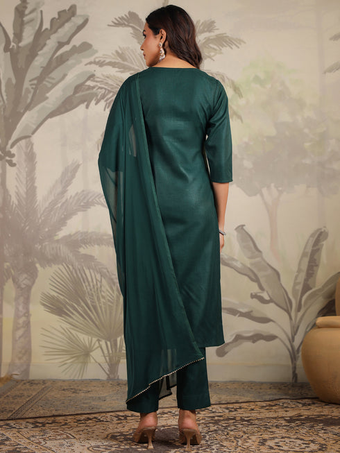 Dark Green Cotton Blend Yoke Embroidered Straight Kurta Set