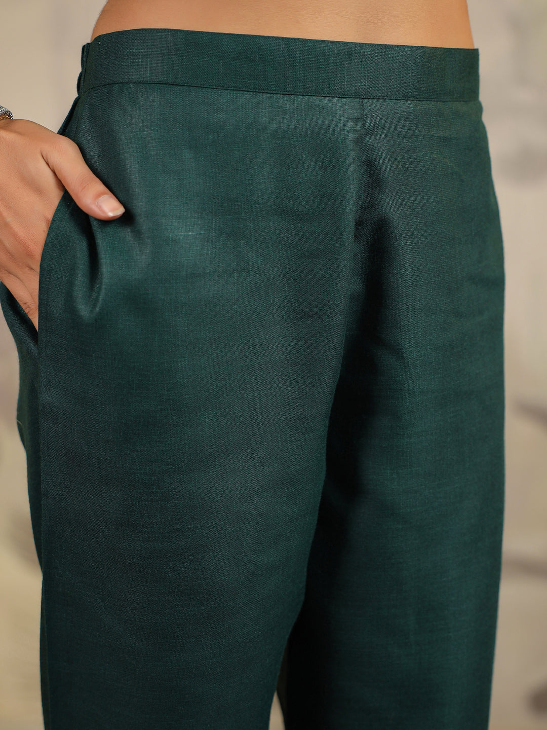 Dark Green Cotton Blend Yoke Embroidered Straight Kurta Set