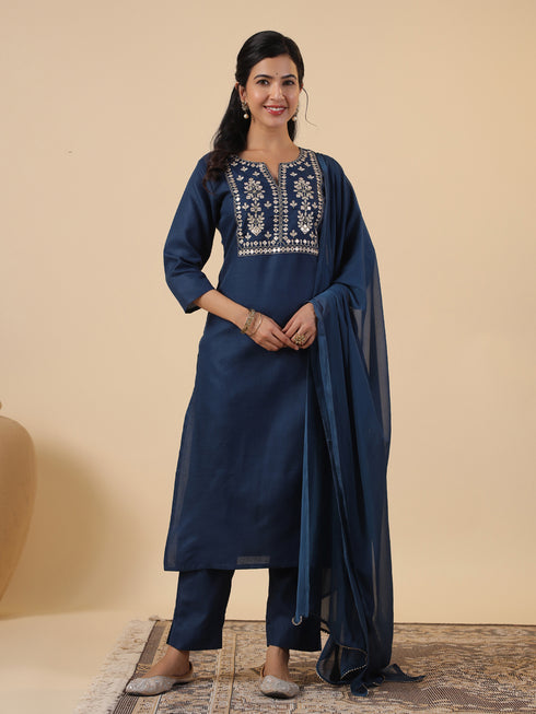 Teal Blue Cotton Blend Yoke Embroidered Straight Kurta Set