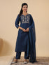 Teal Blue Cotton Blend Yoke Embroidered Straight Kurta Set