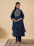 Teal Blue Cotton Blend Yoke Embroidered Straight Kurta Set