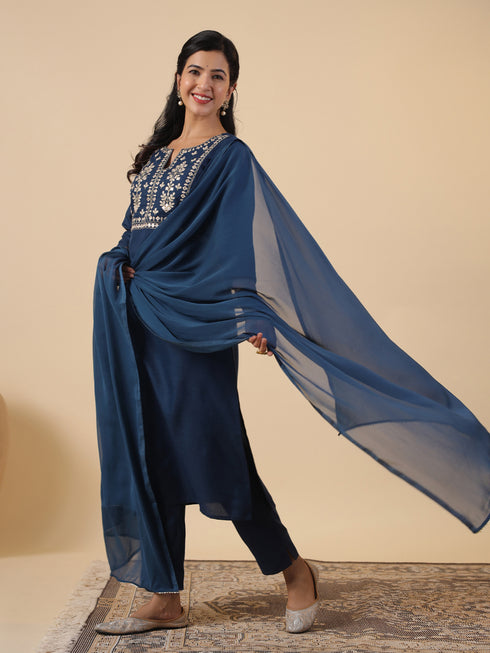 Teal Blue Cotton Blend Yoke Embroidered Straight Kurta Set