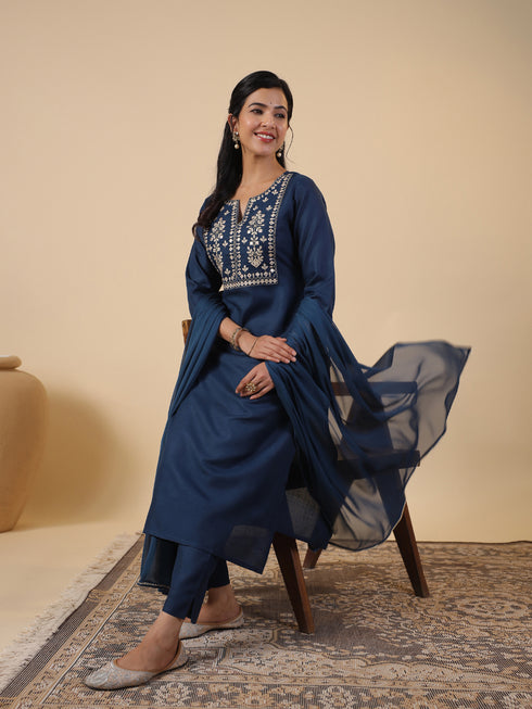 Teal Blue Cotton Blend Yoke Embroidered Straight Kurta Set