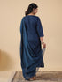 Teal Blue Cotton Blend Yoke Embroidered Straight Kurta Set