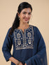 Teal Blue Cotton Blend Yoke Embroidered Straight Kurta Set