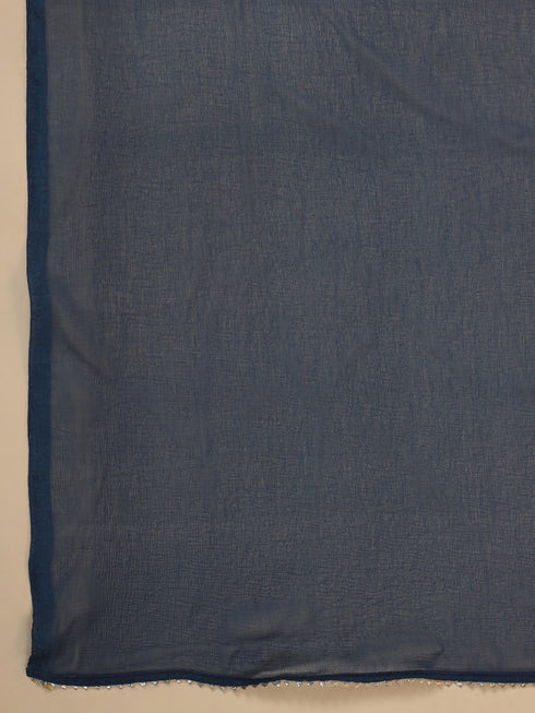 Teal Blue Cotton Blend Yoke Embroidered Straight Kurta Set