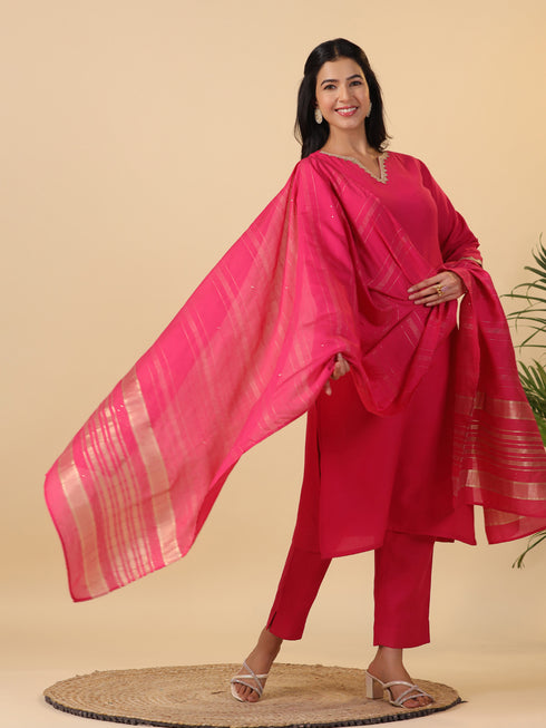 Pink Cotton Blend Solid Straight Kurta Set
