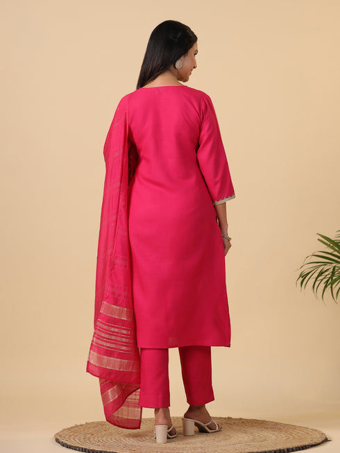 Pink Cotton Blend Solid Straight Kurta Set