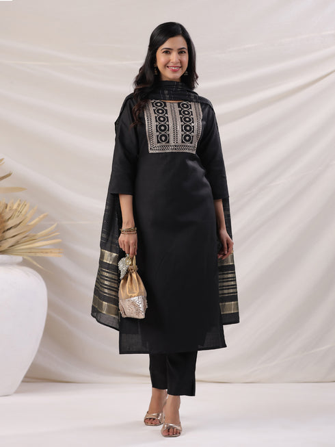 Black Cotton Blend Yoke Embroidered Straight Kurta Set