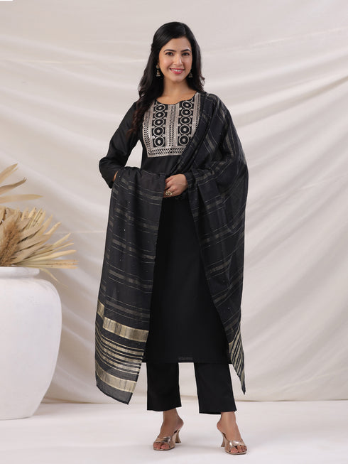 Black Cotton Blend Yoke Embroidered Straight Kurta Set
