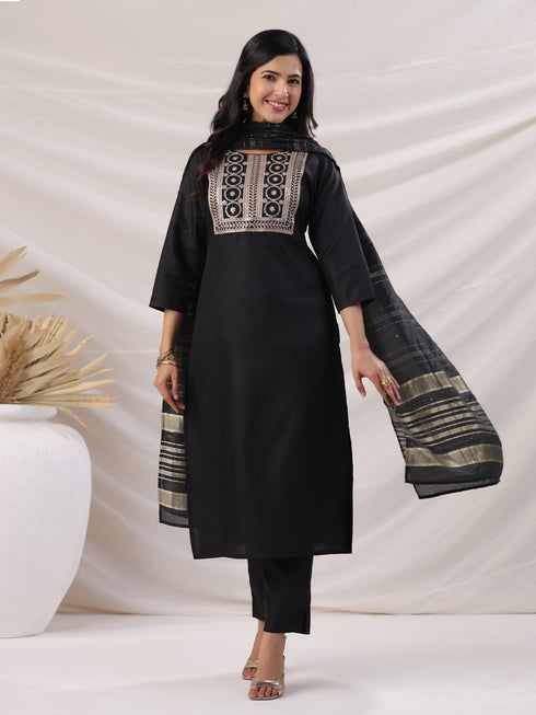 Black Cotton Blend Yoke Embroidered Straight Kurta Set