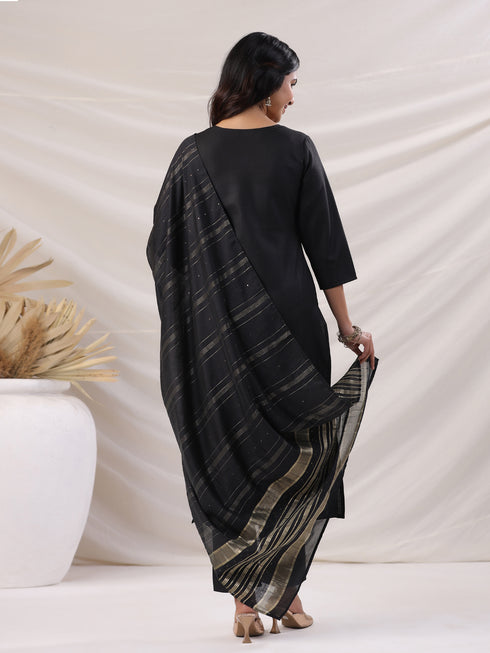 Black Cotton Blend Yoke Embroidered Straight Kurta Set